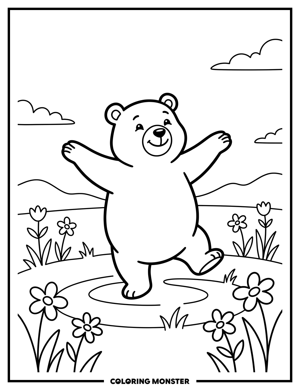 Dancing Bear in Field Coloring Page