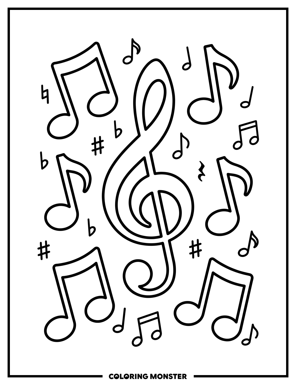 Dancing Musical Notes and Treble Clef Coloring Page