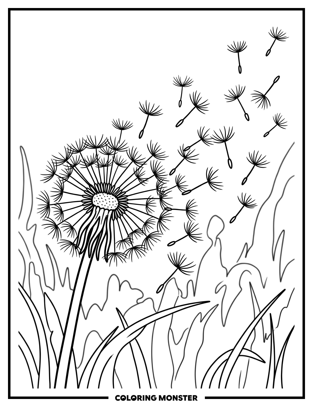 Dandelion Seeds Blowing in the Wind Coloring Page