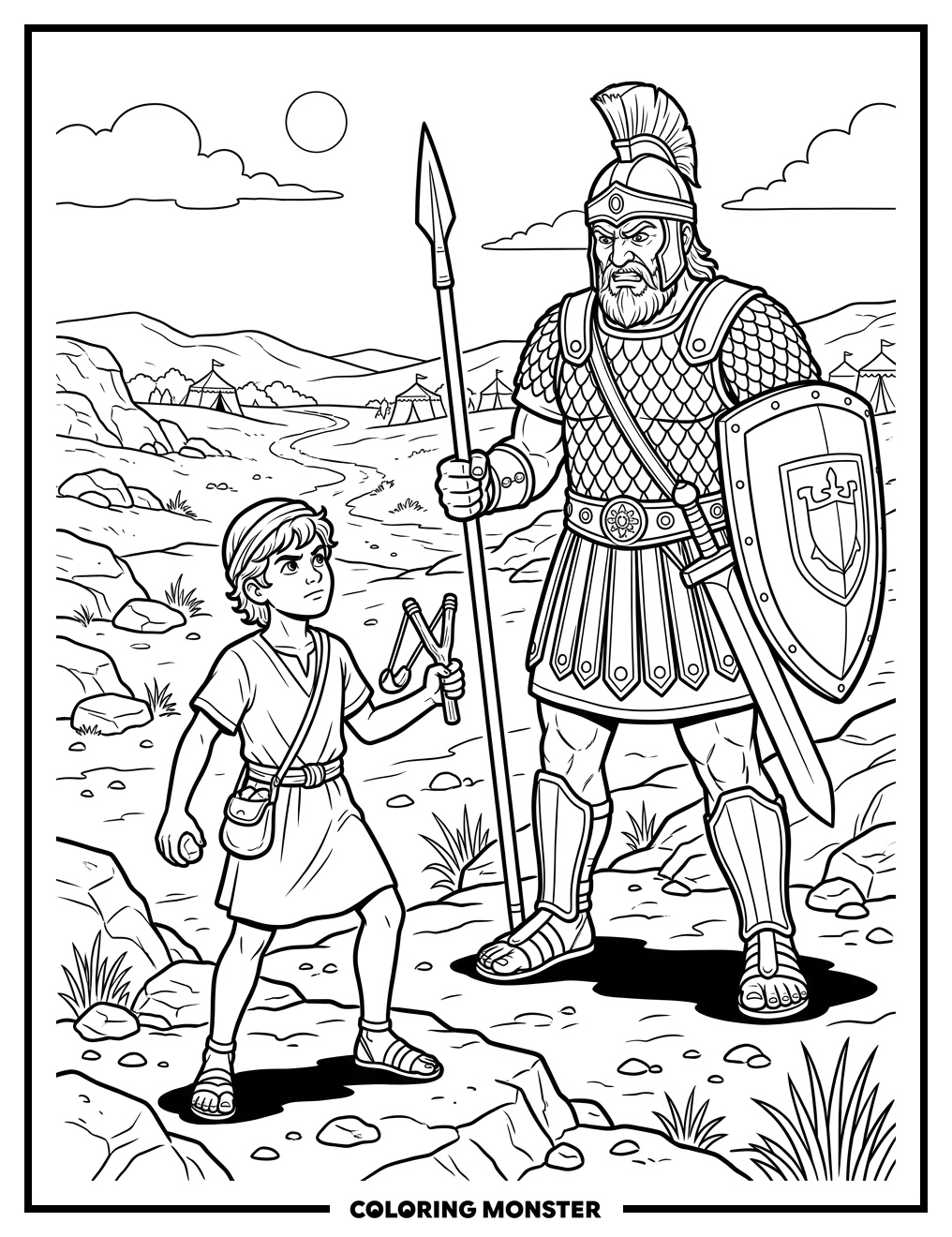 David and Goliath On The Plain Coloring Page