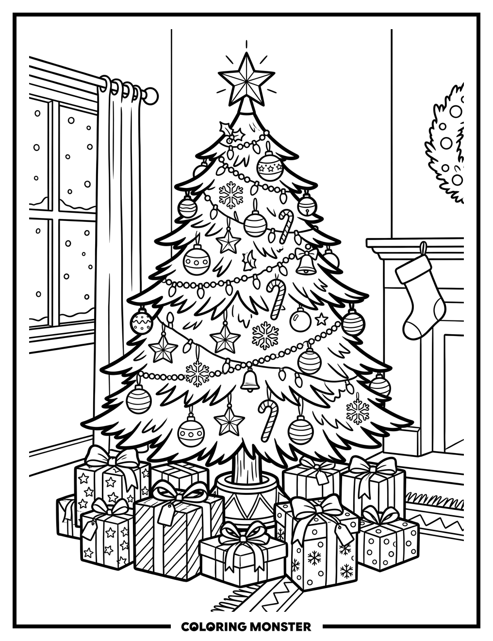 Decorated Christmas Tree and Presents Coloring Page