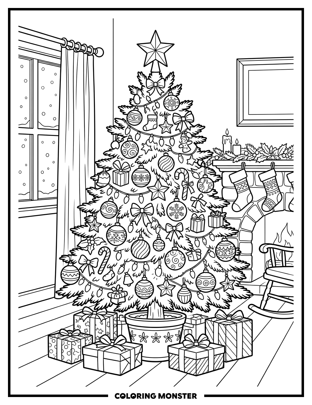 Decorated Christmas Tree in Cozy Room Coloring Page