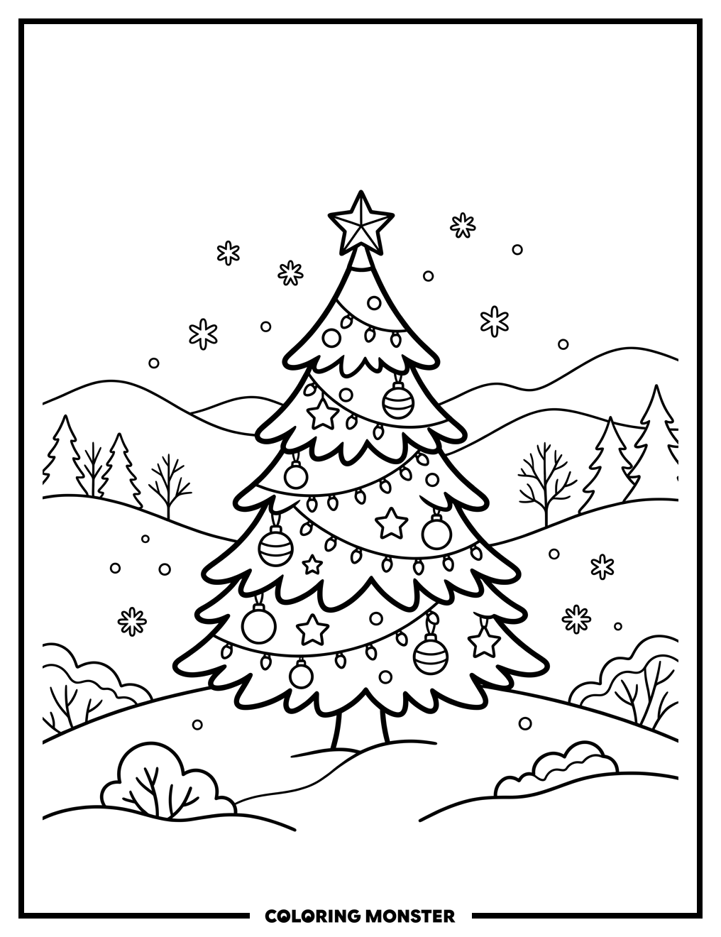 Decorated Christmas Tree in Snowy Landscape Coloring Page