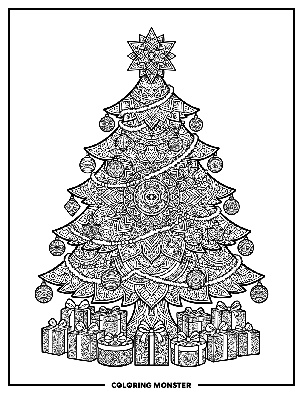 Decorated Christmas Tree Mandala Coloring Page