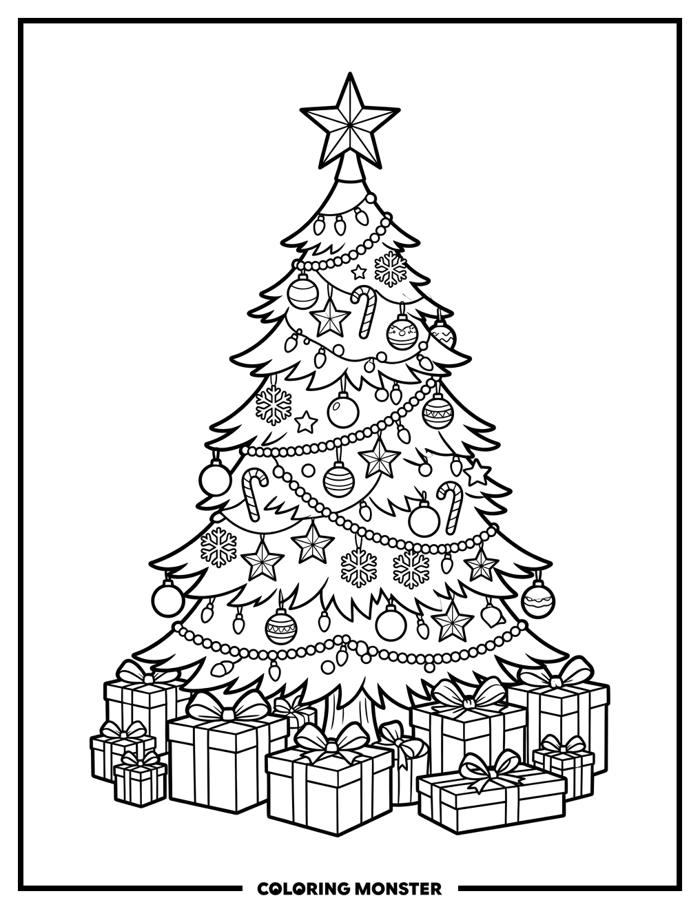 Decorated Christmas Tree with Gifts Coloring Page