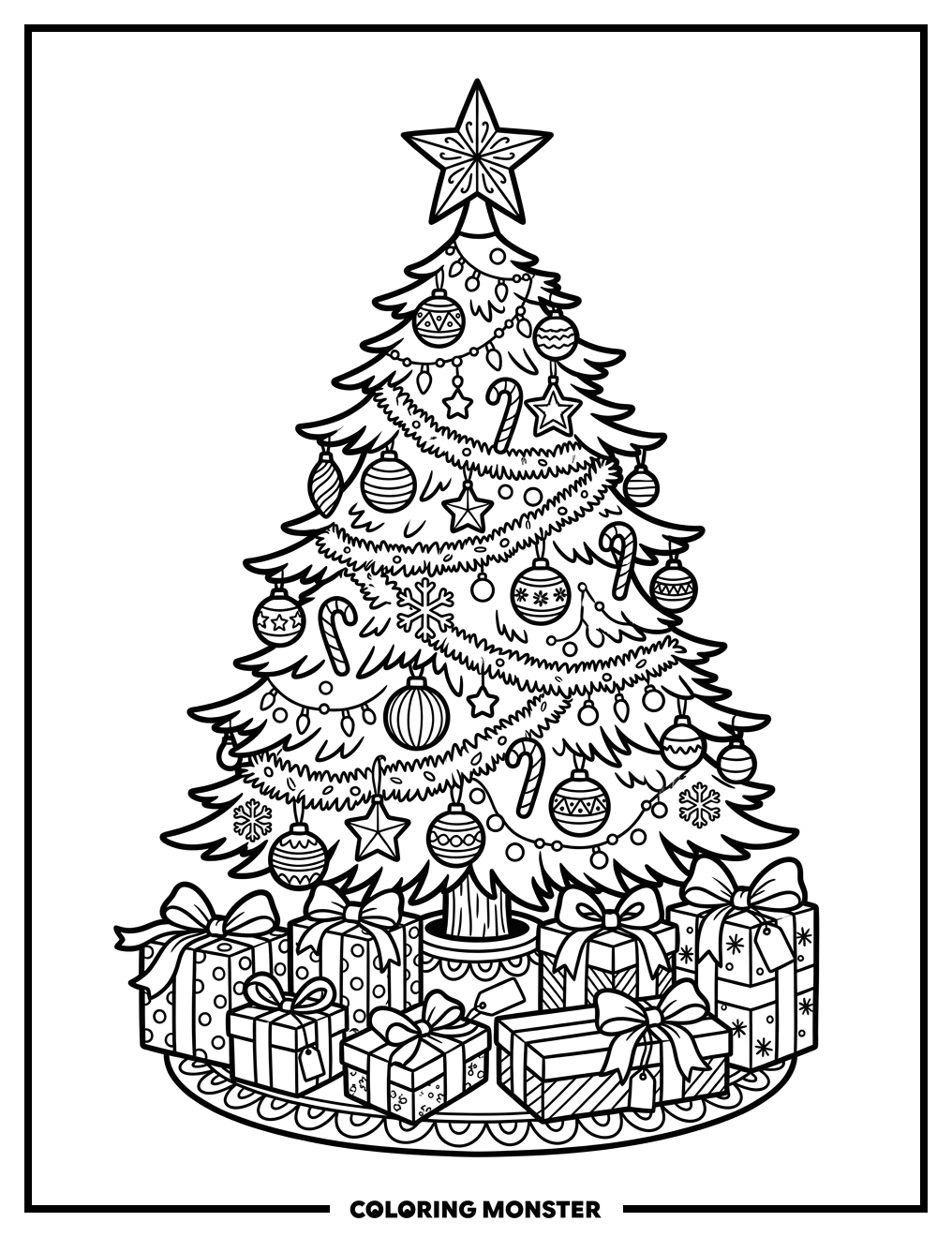 Decorated Christmas Tree with Gifts Coloring Page