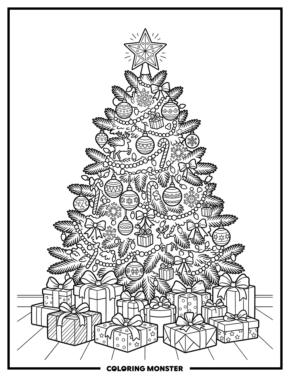 Decorated Christmas Tree With Presents Coloring Page