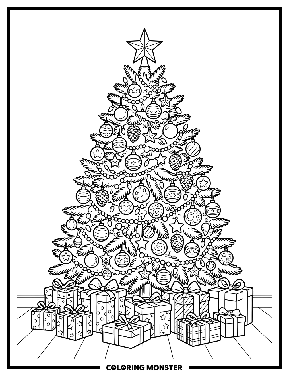 Decorated Christmas Tree with Presents Coloring Page