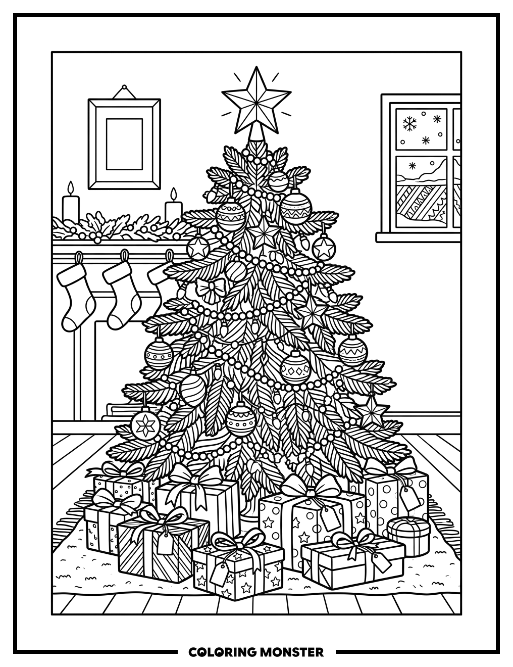 Decorated Christmas Tree with Presents Coloring Page