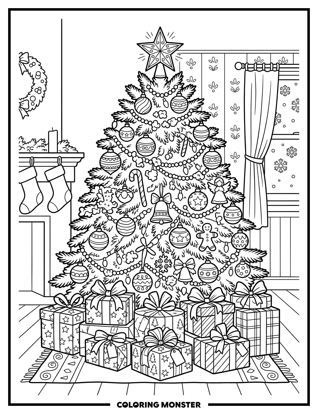 Decorated Christmas Tree with Presents Coloring Page