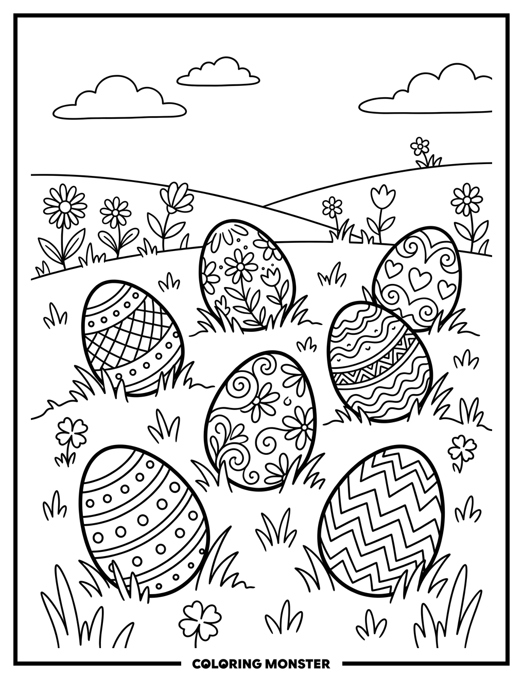 Decorated Easter Eggs in Field Coloring Page