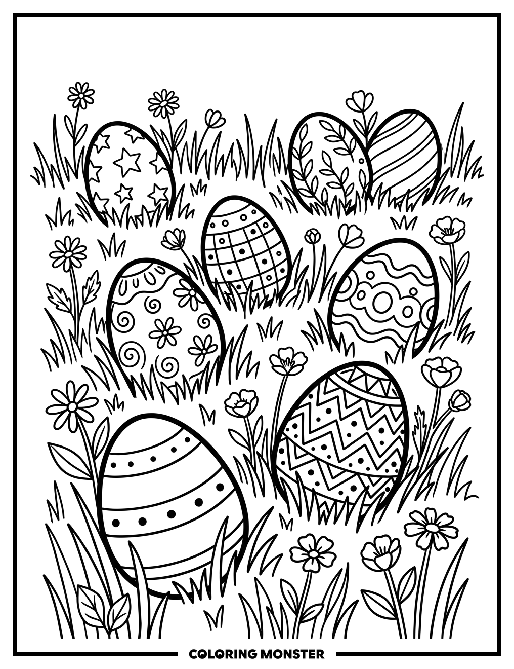 Decorated Easter Eggs in Spring Field Coloring Page