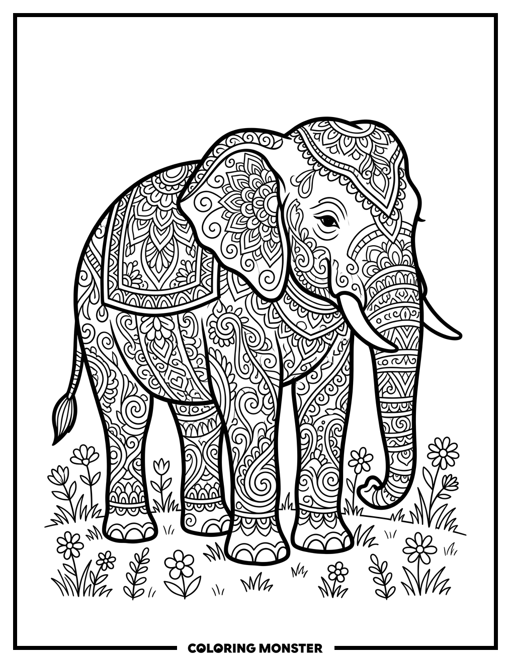 Decorated Elephant in Field Coloring Page