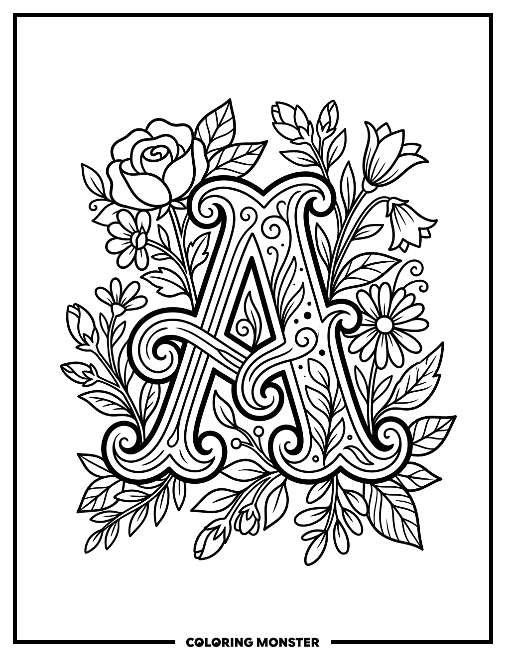 Decorative Letter A With Flowers Coloring Page