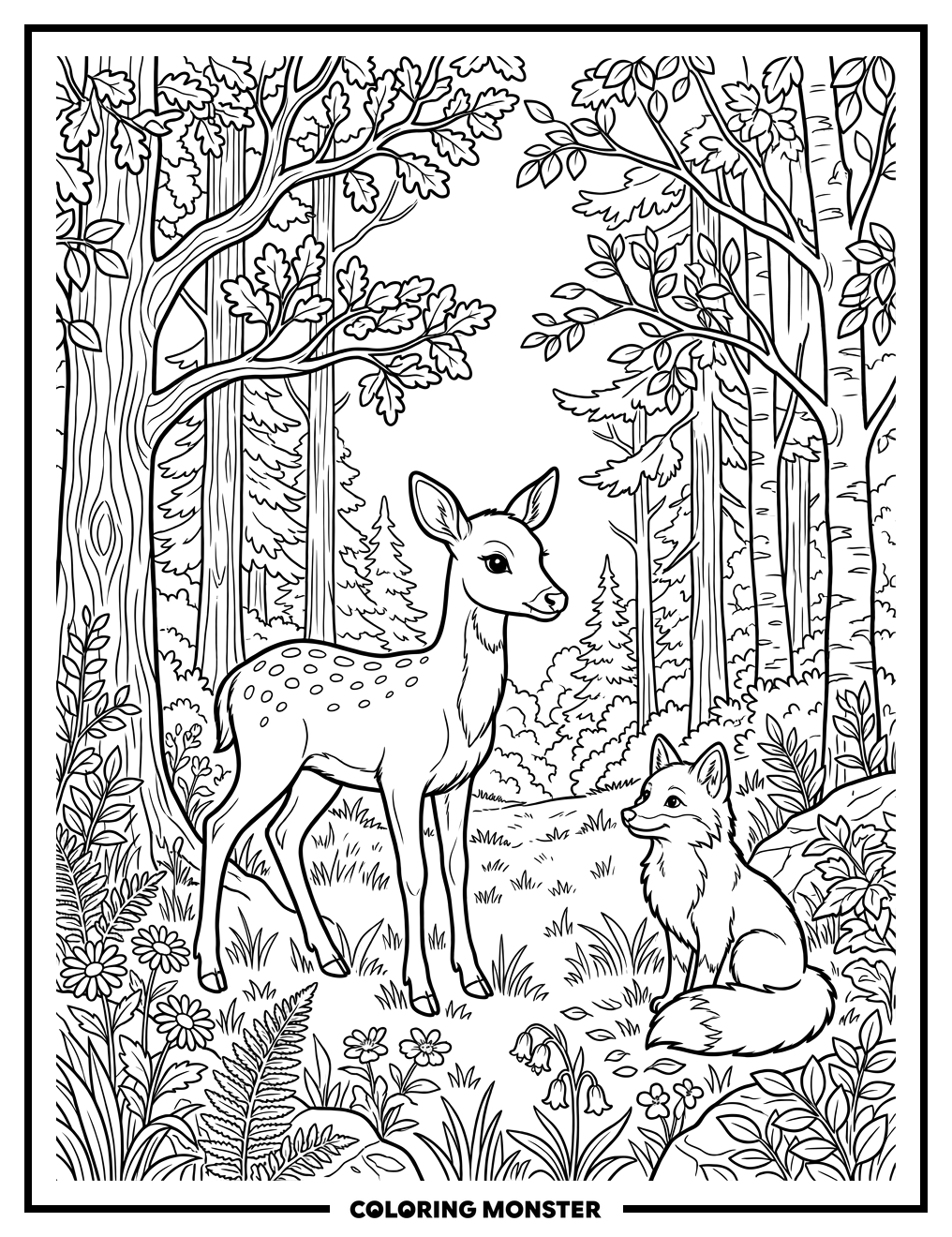 Deer and Fox in Forest Clearing Coloring Page