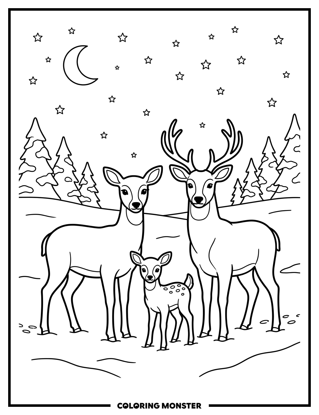 Deer Family in Snowy Meadow Coloring Page