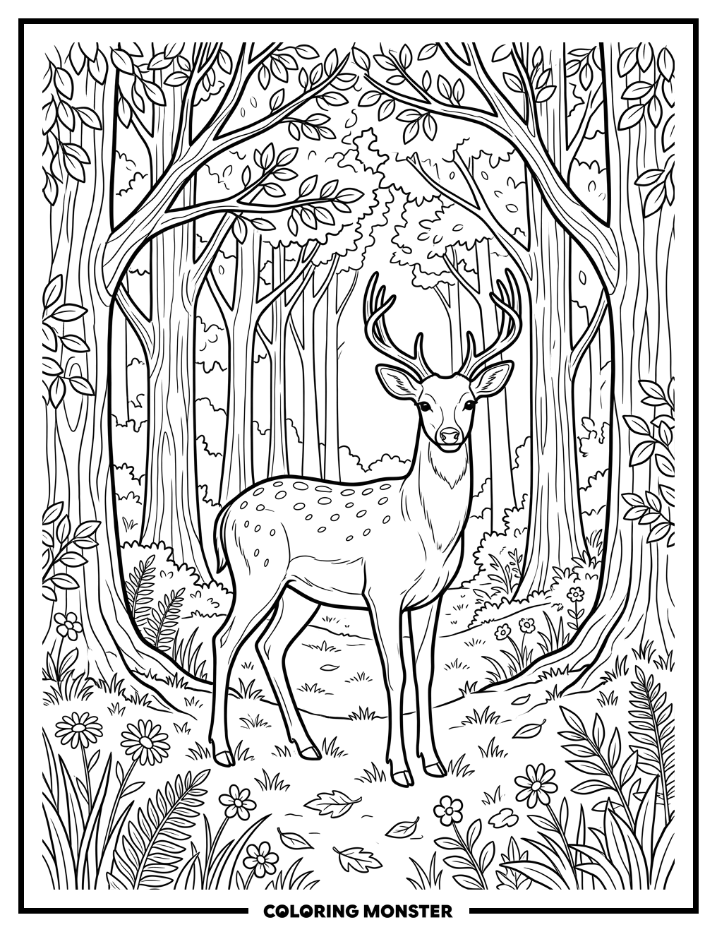 Deer in a Sun-Dappled Forest Clearing Coloring Page