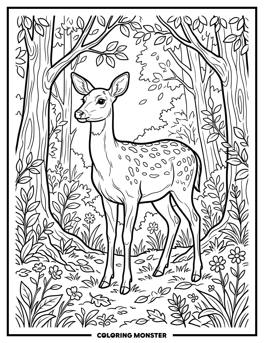 Deer In A Sunlit Forest Clearing Coloring Page