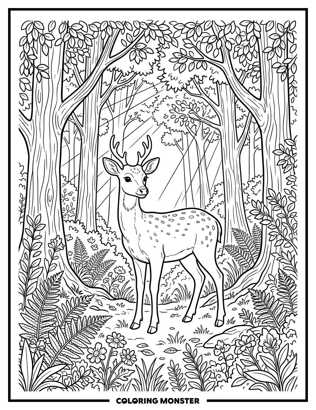 Deer in Sun-Dappled Forest Coloring Page