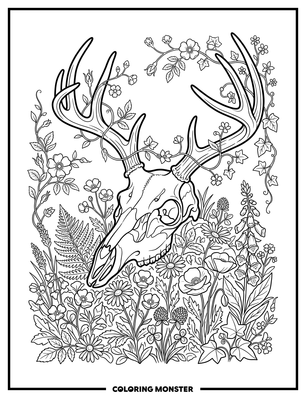 Deer Skull with Wildflowers Coloring Page