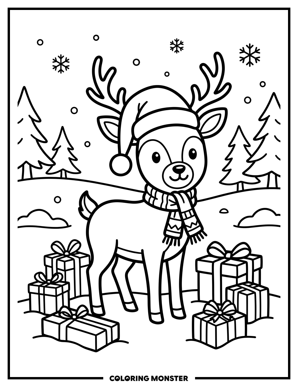 Deer Wearing Santa Hat With Gifts Coloring Page