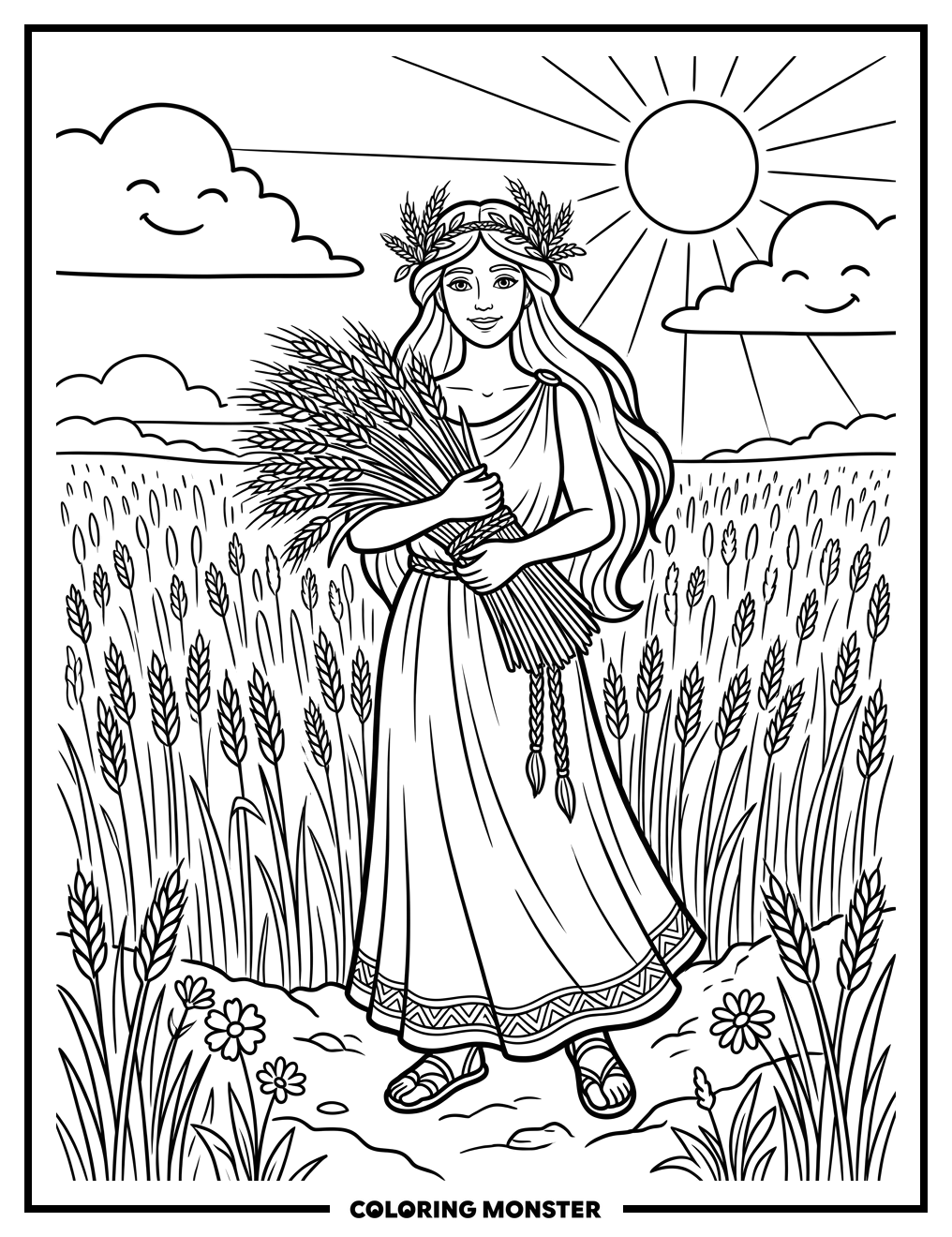 Demeter in Wheat Field Coloring Page