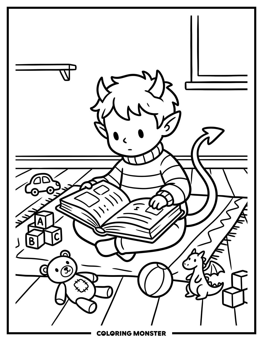 Demon Child Reading a Book Coloring Page