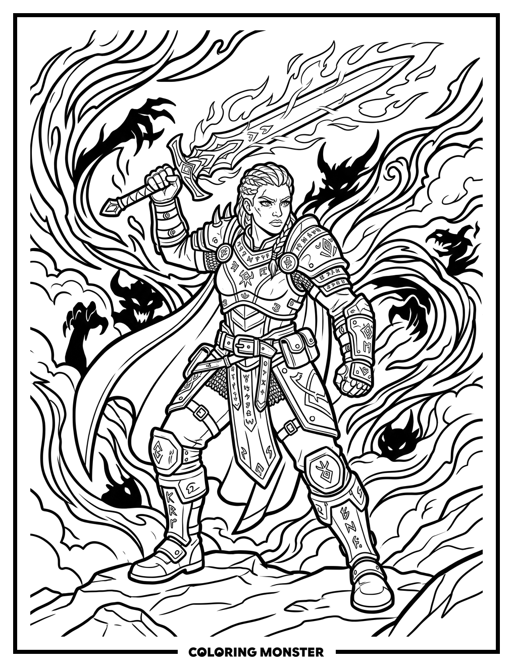 Demon Hunter With Glowing Sword Coloring Page