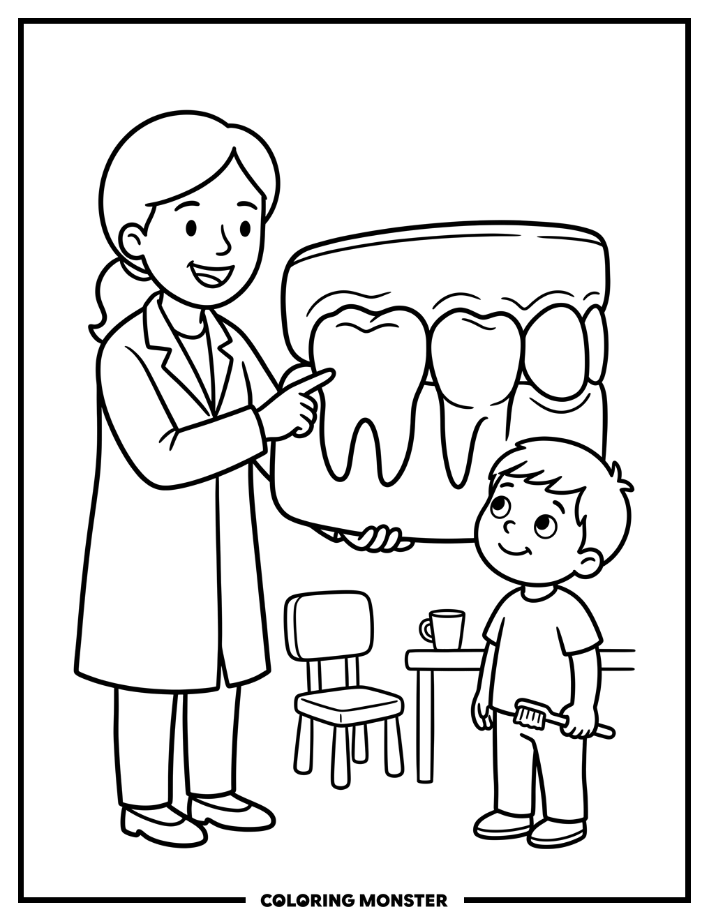Dentist and Child with Tooth Model Coloring Page