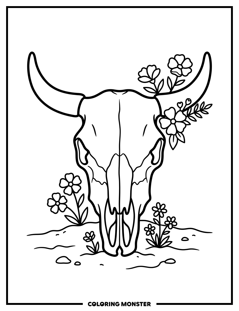Desert Cow Skull Adorned With Wildflowers Coloring Page