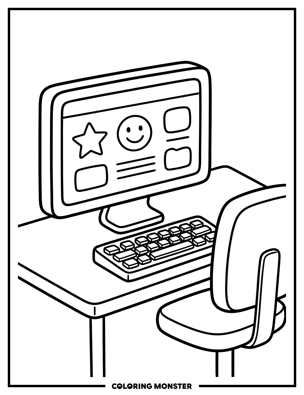 Desk Setup With Computer And Chair Coloring Page
