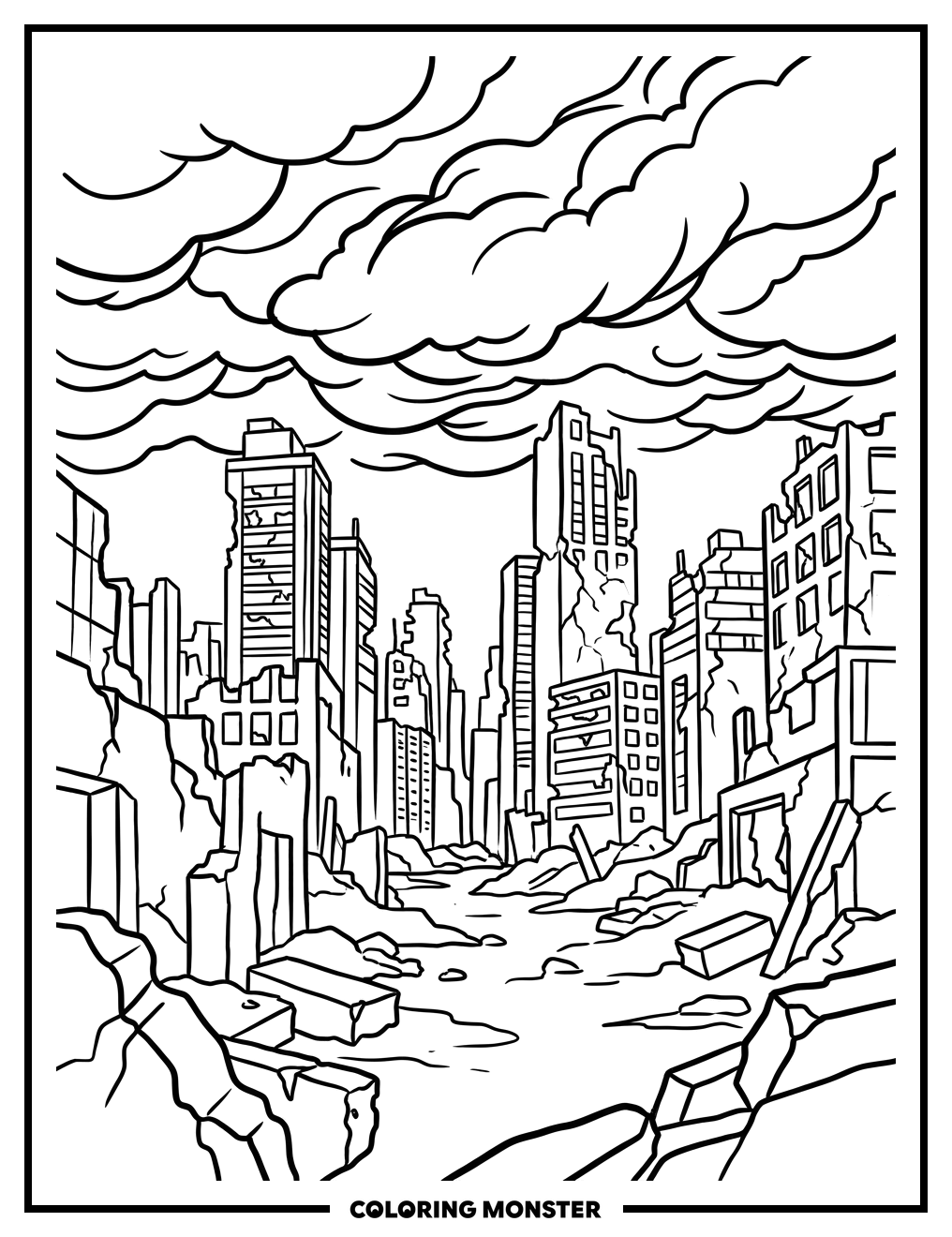 Desolate Cityscape Under Stormy Sky Coloring Page
