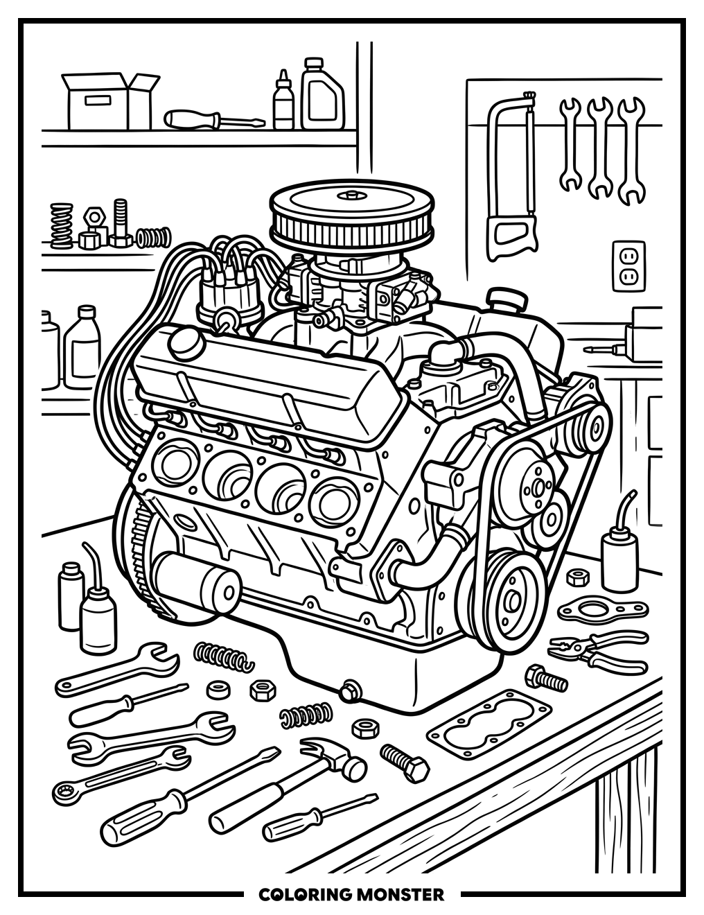 Detailed Car Engine in Garage Coloring Page