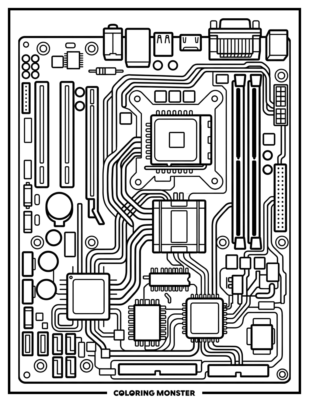 Detailed Computer Motherboard Coloring Page