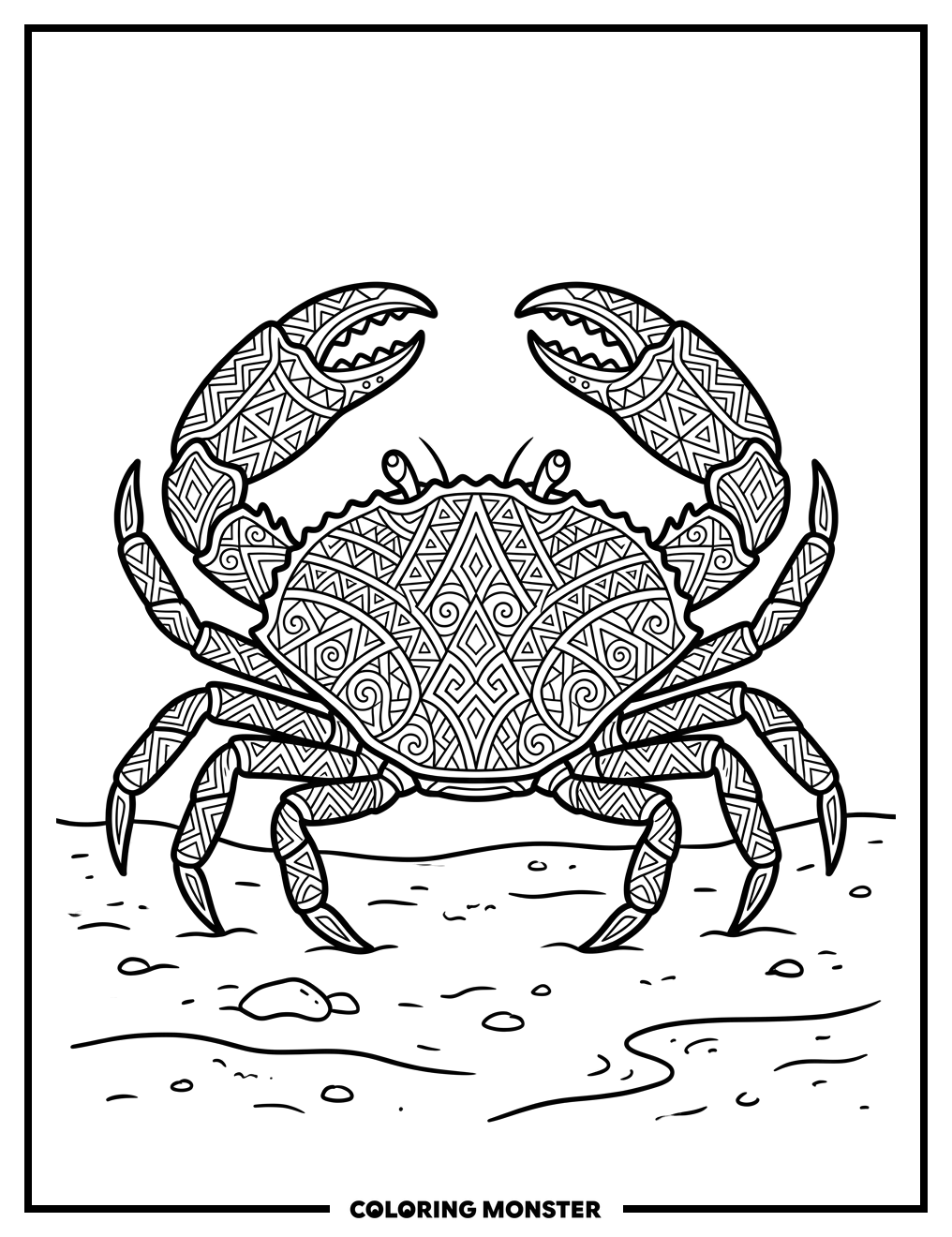 Detailed Crab With Geometric Patterns Coloring Page