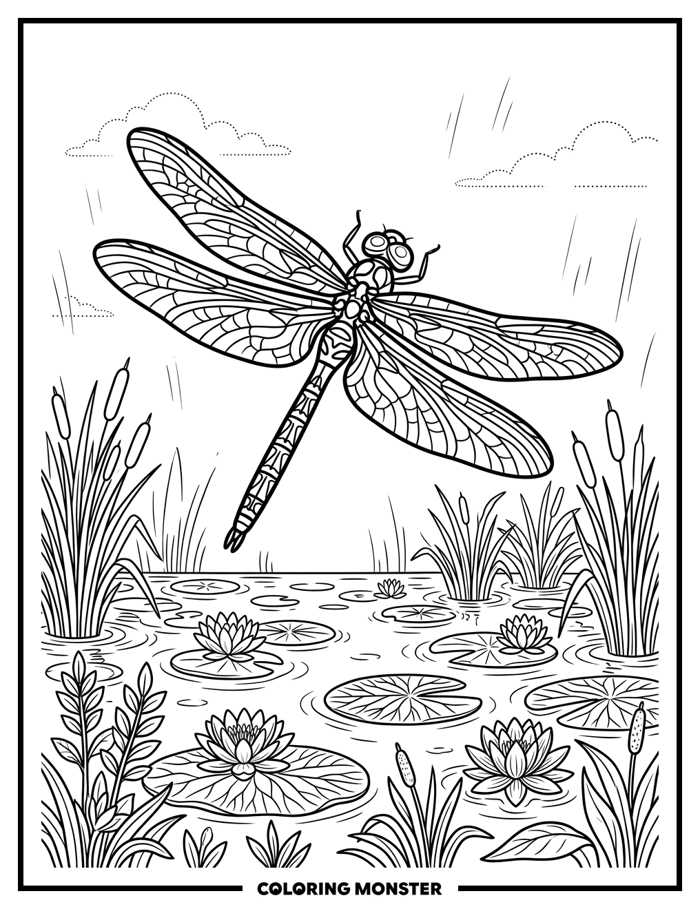Detailed Dragonfly Over Calm Pond Coloring Page