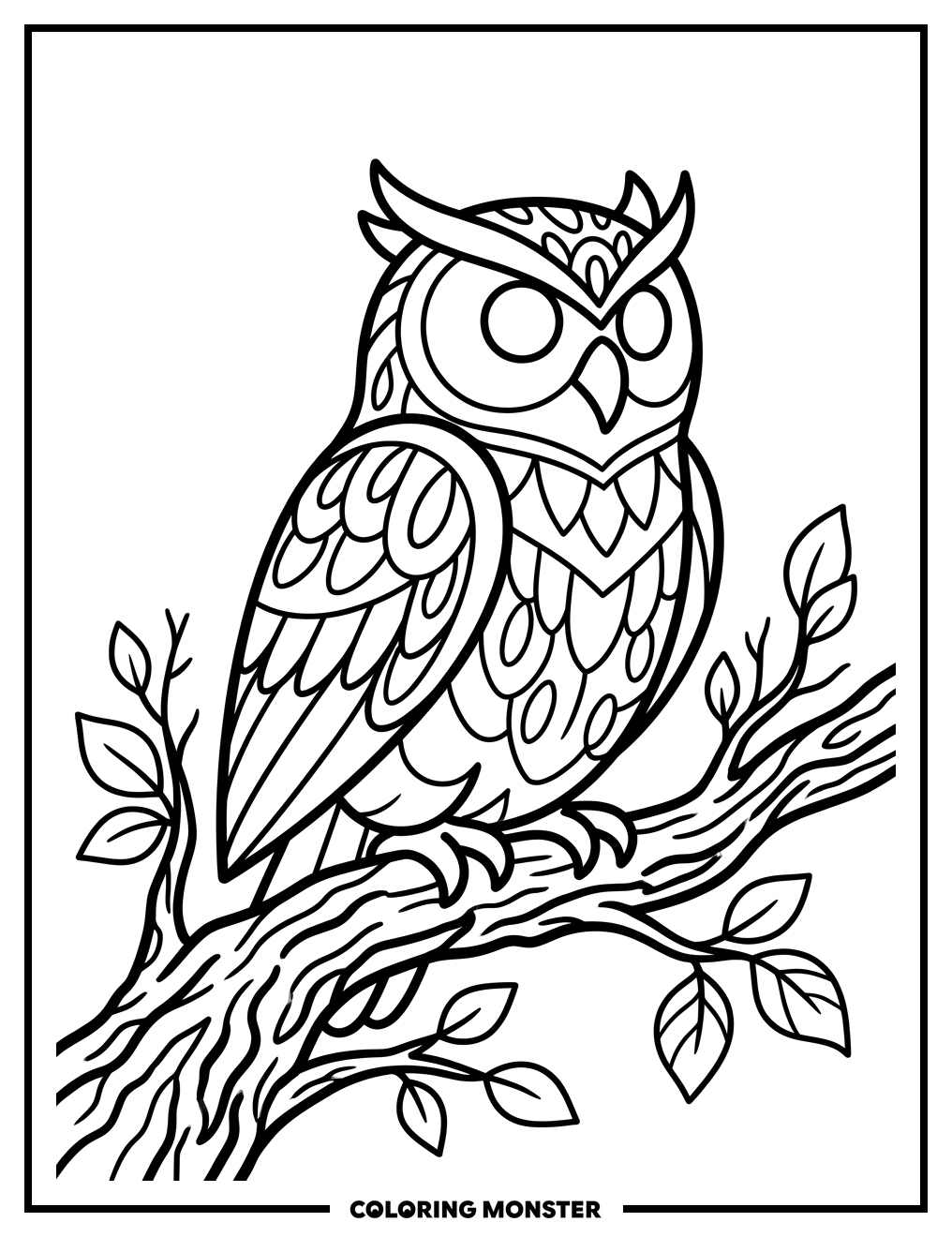 Detailed Owl on Gnarled Branch Coloring Page