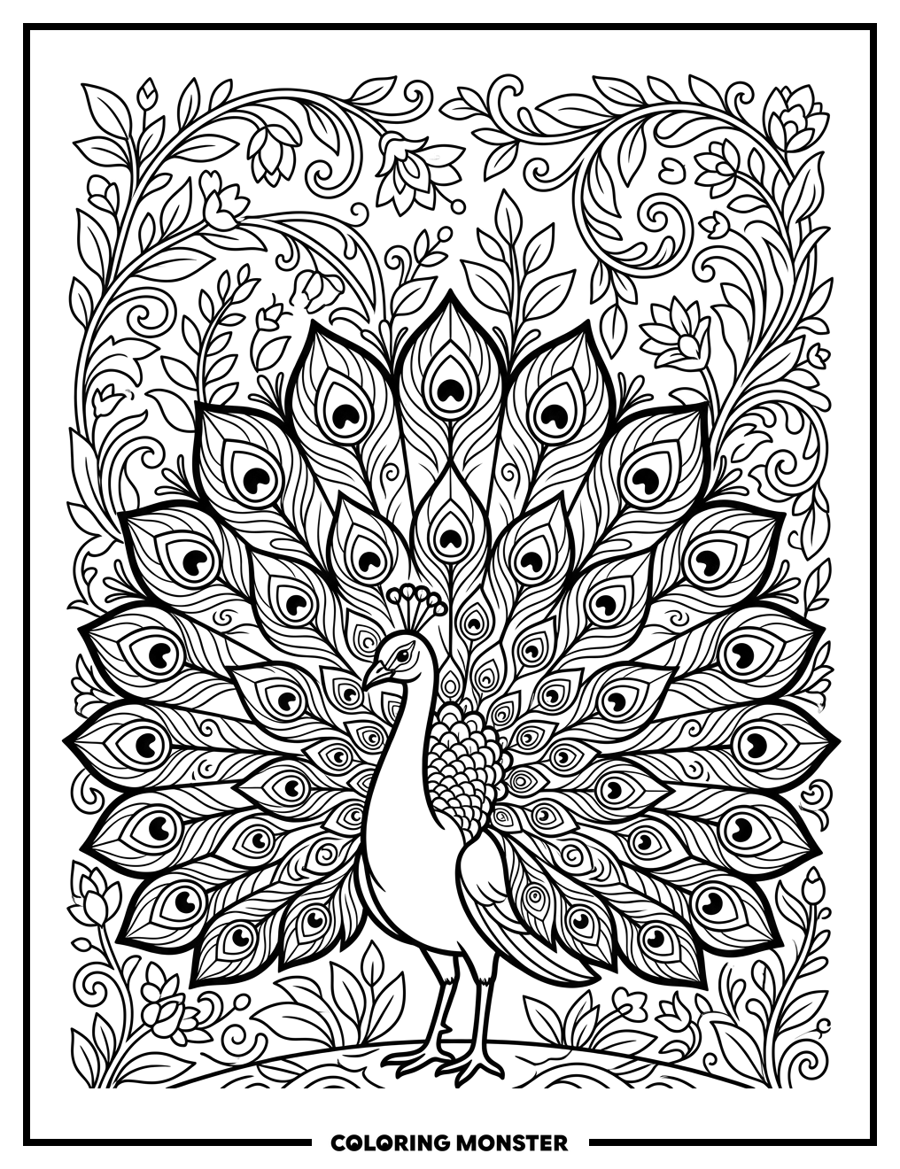 Detailed Peacock in Garden Coloring Page