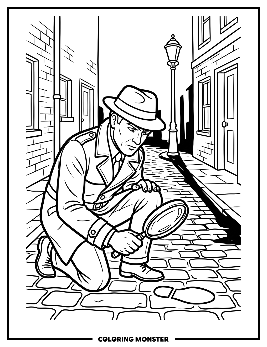 Detective Investigating a Footprint Coloring Page