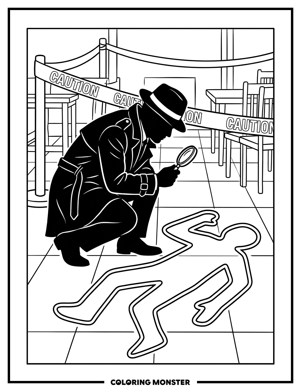 Detective Investigating Chalk Outline Coloring Page