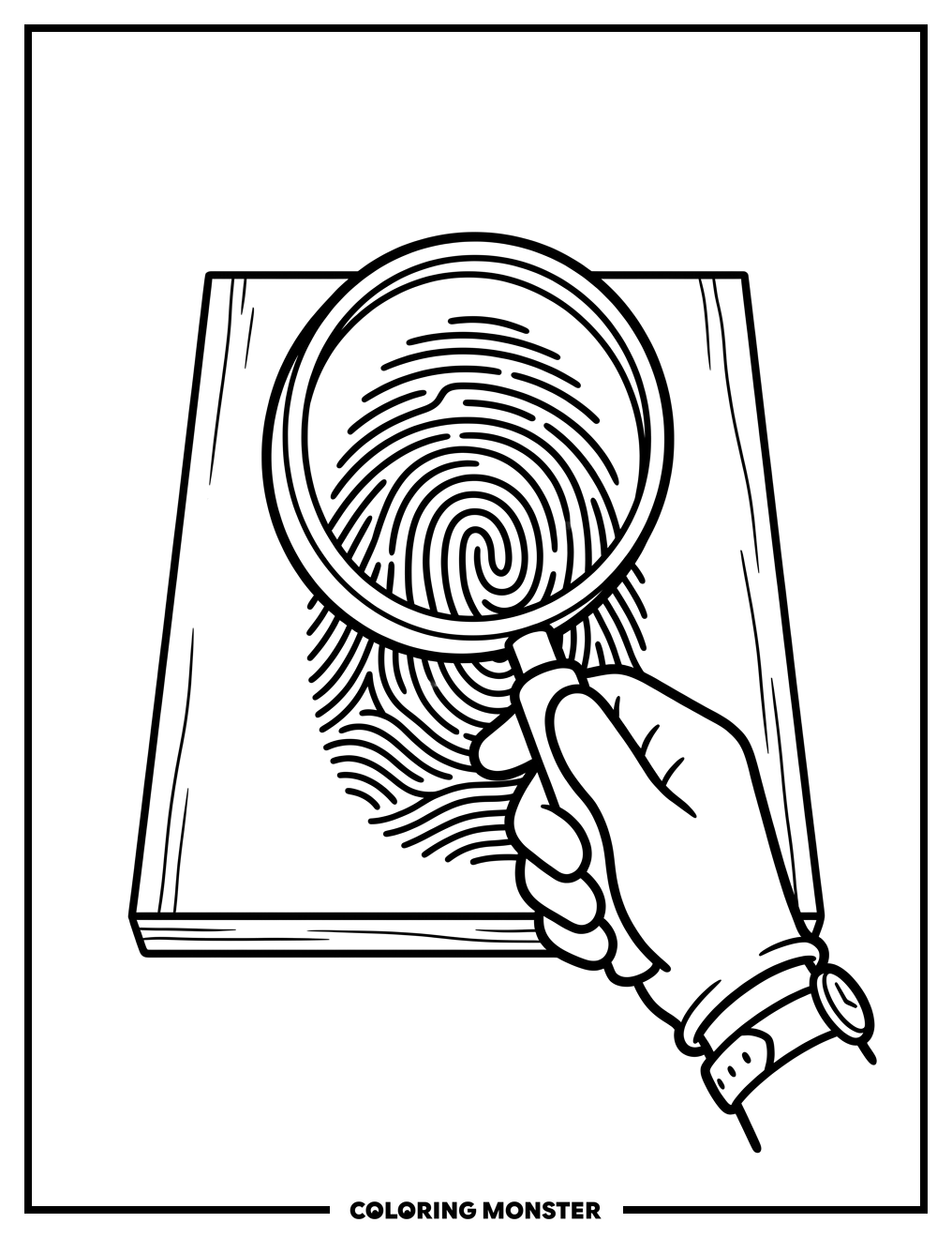 Detective's Magnifying Glass Over Fingerprint Coloring Page