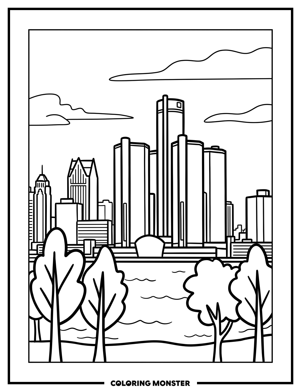 Detroit Skyline at Sunset Coloring Page