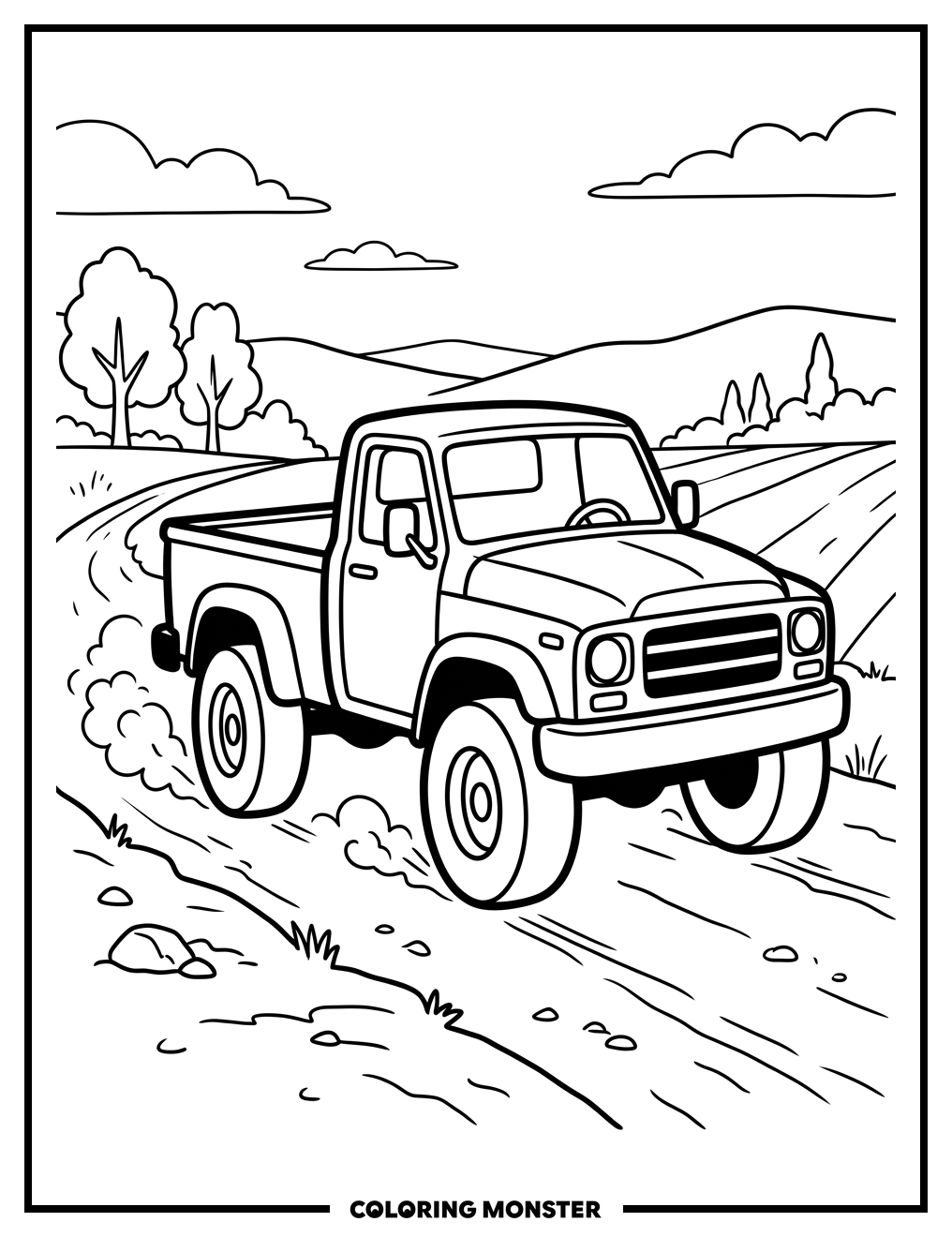 Diesel Truck on Dirt Road Coloring Page