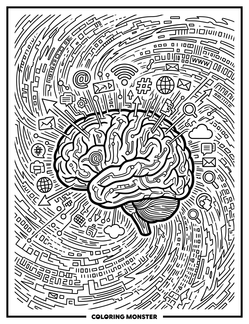 Digital Brain with Data Streams Coloring Page