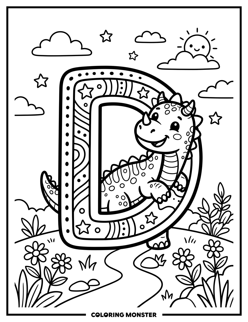 Dinosaur Behind Letter D Coloring Page