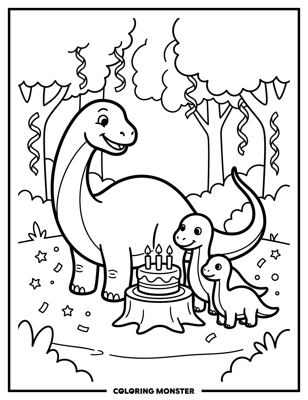 Dinosaur Family Birthday Celebration Coloring Page