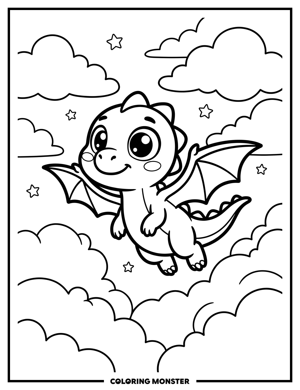 Dinosaur Flying Through Clouds Coloring Page
