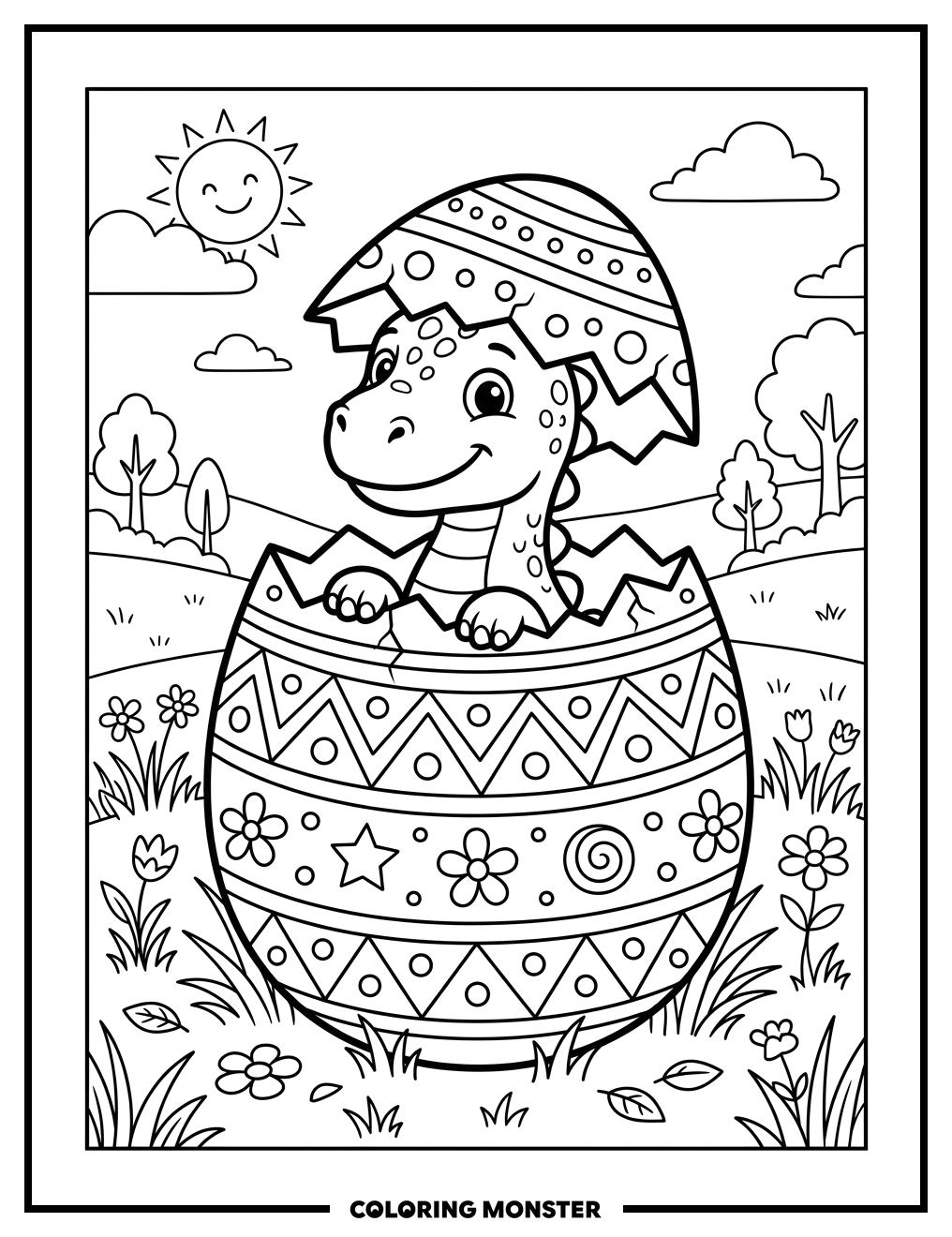 Dinosaur Peeking From Easter Egg Coloring Page