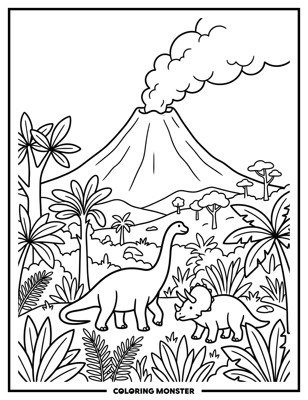 Dinosaurs and Volcano in Lush Jungle Coloring Page