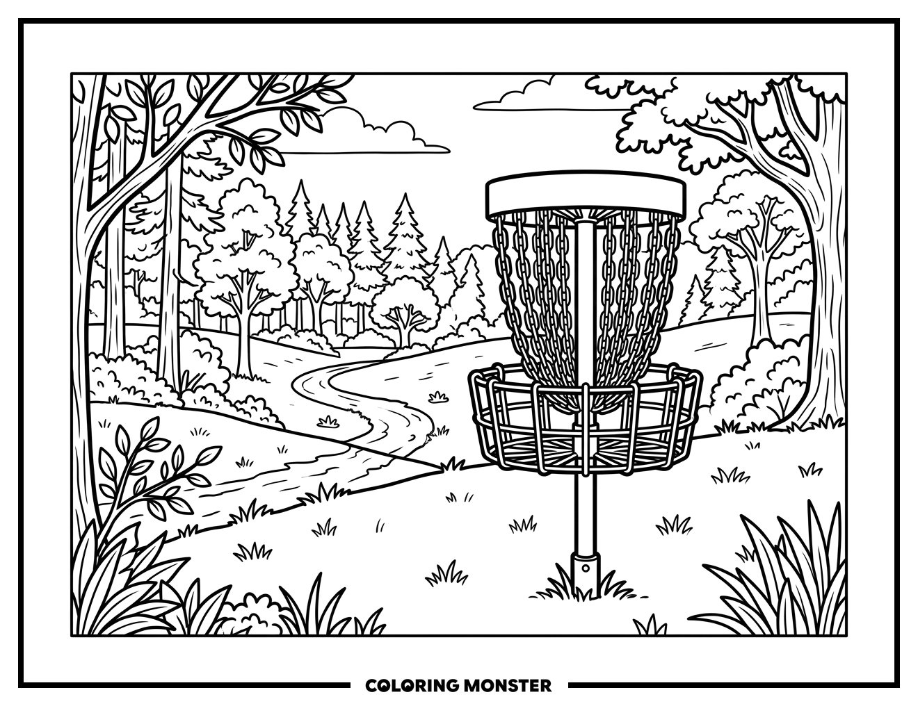 Disc Golf Basket in Park Coloring Page